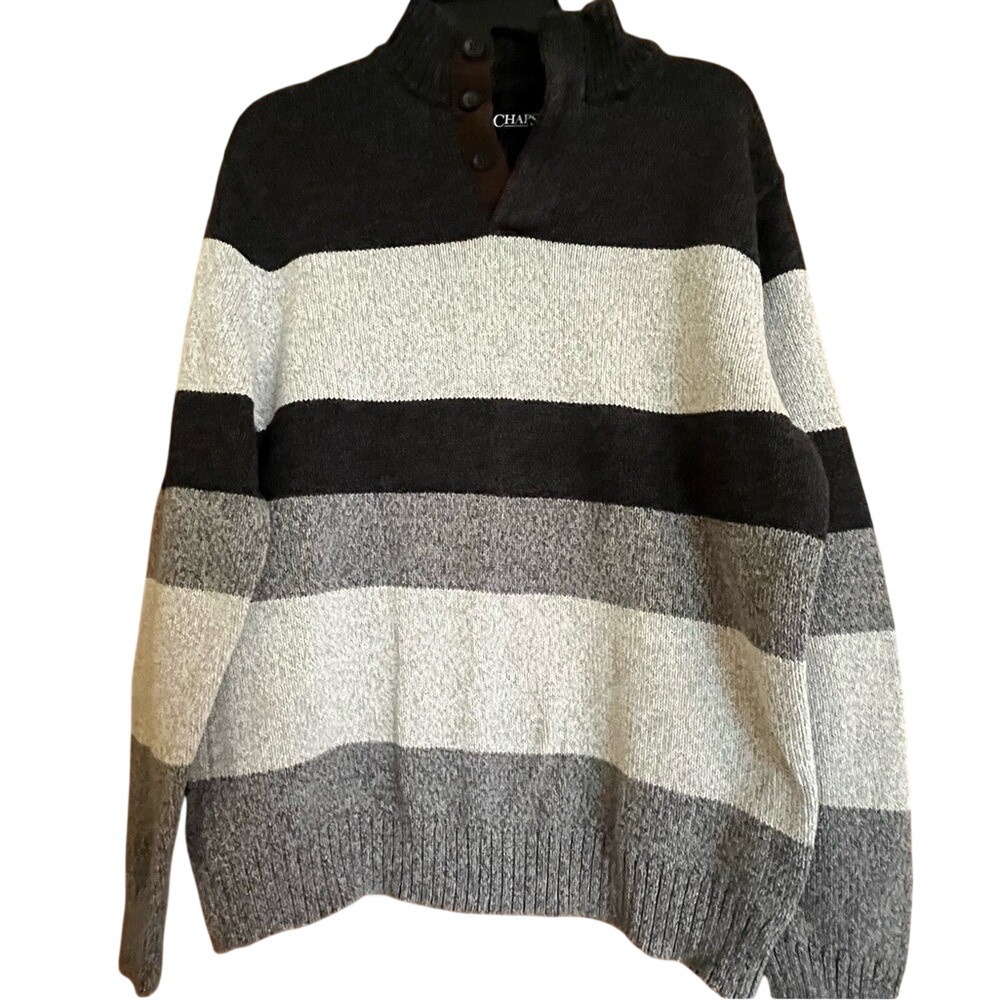 Chaps Mens Gray Striped Cotton Quarter Button Mock‎ Neck Sweater Large L